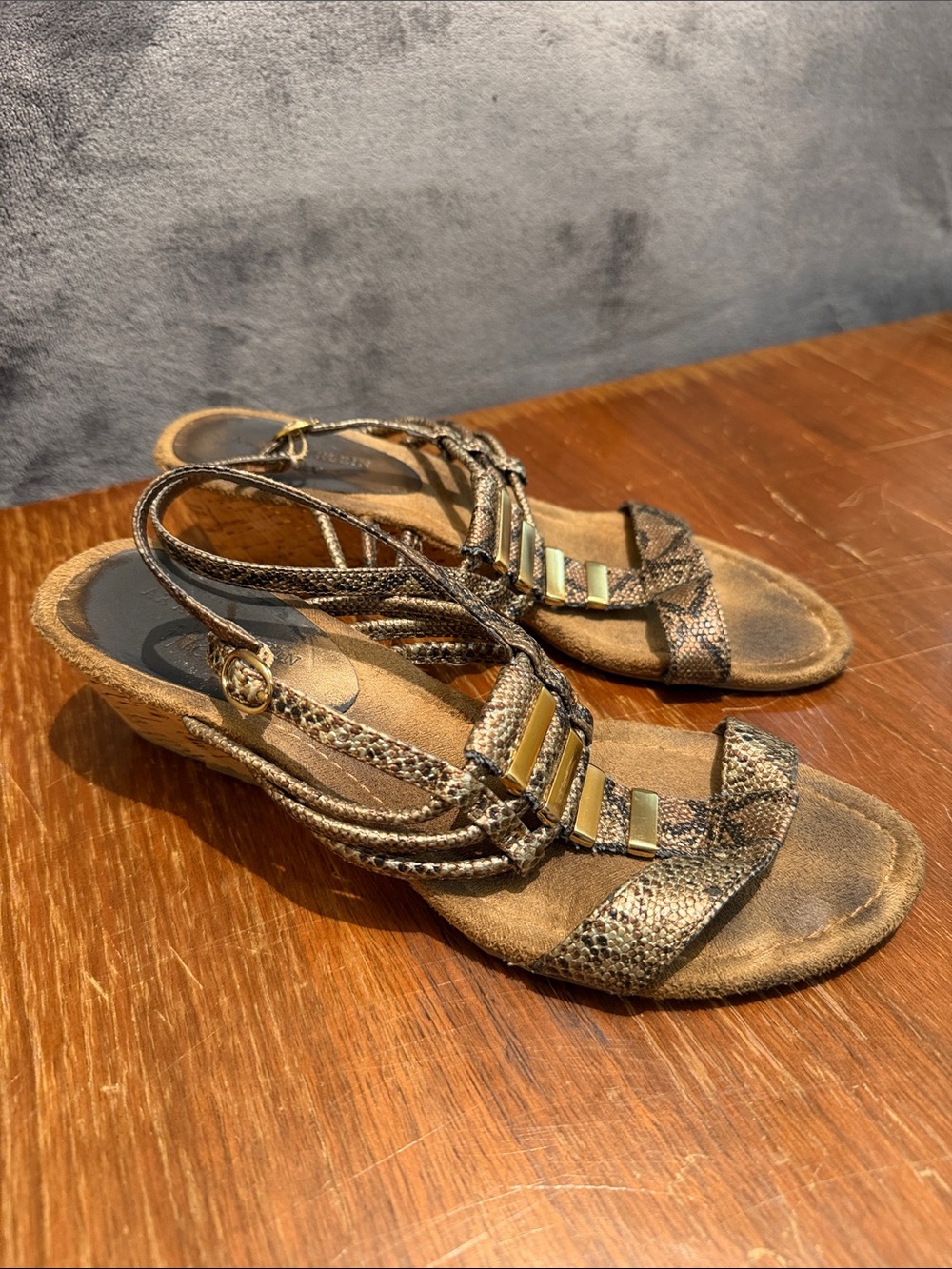 Anne Klein Brown Snake-Print Wedge Sandals with Gold Accents